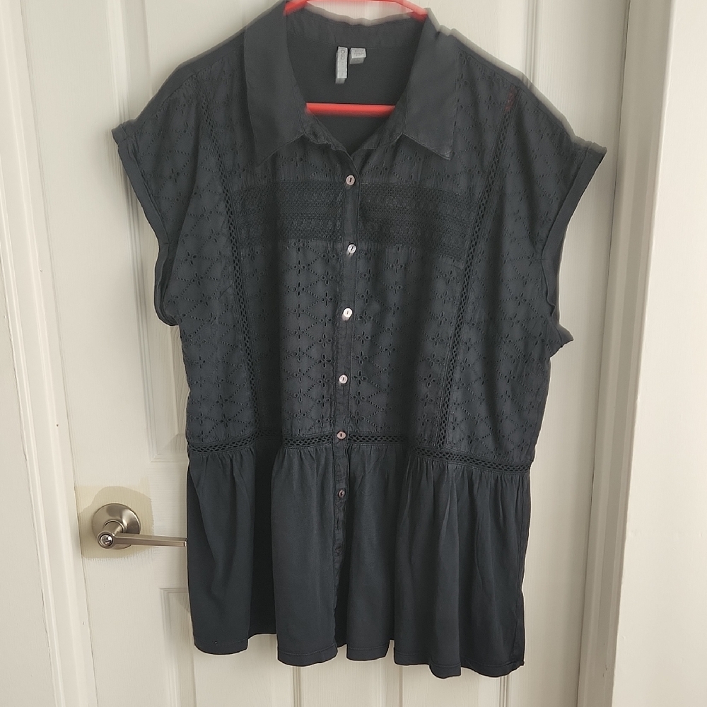 Cato Charcoal Button-Down Lace Top